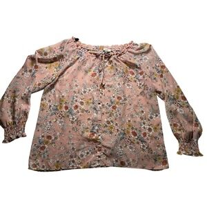 Astrologie Pink Floral Peasant Blouse XL Button Front Smocked Cuff Ruffle Neck